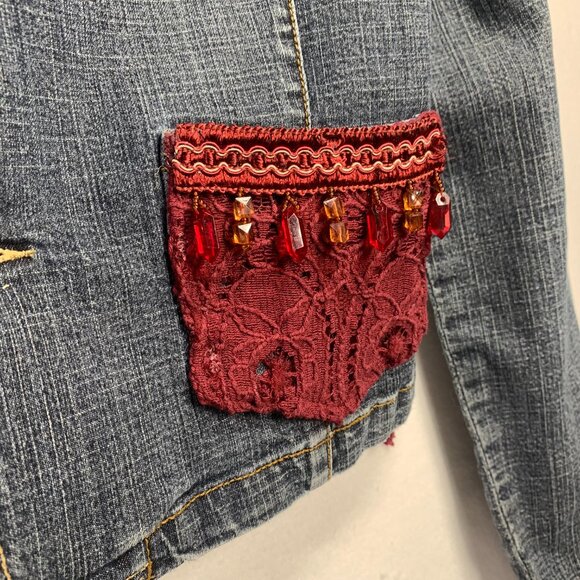 Elegant Boho Denim Jacket Embellished Lace Beaded Handcrafted Luxe Rockstar - Picture 7 of 11